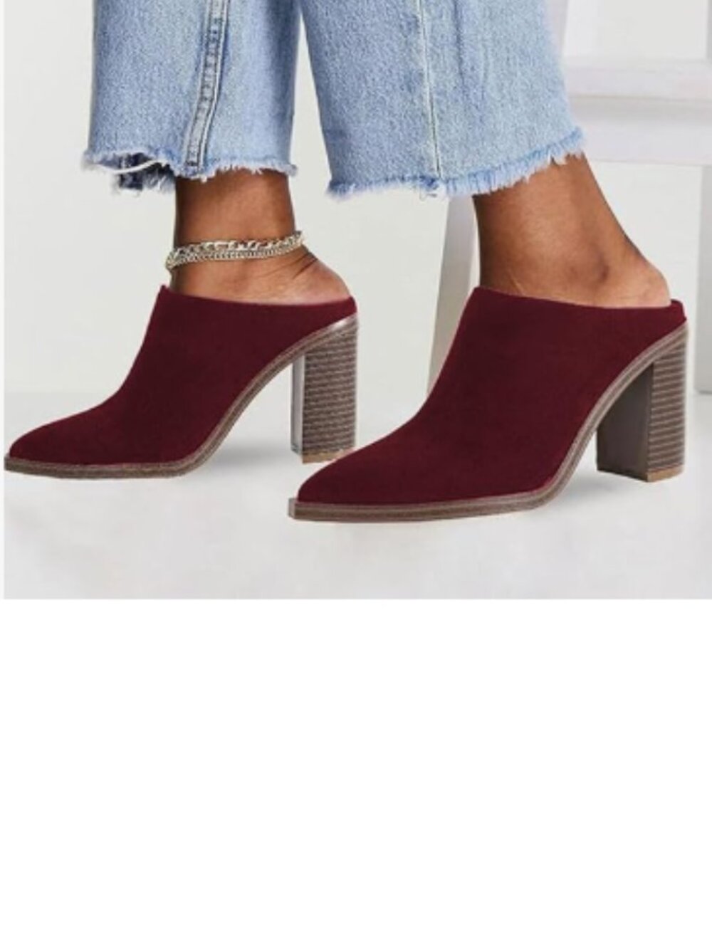 FOWT Maroon Pointed Toe Slip On Mules Stacked Block High Heel Sandal Proms Shoes